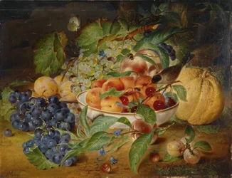 Nature morte de fruits avec raisins, pêche et courge